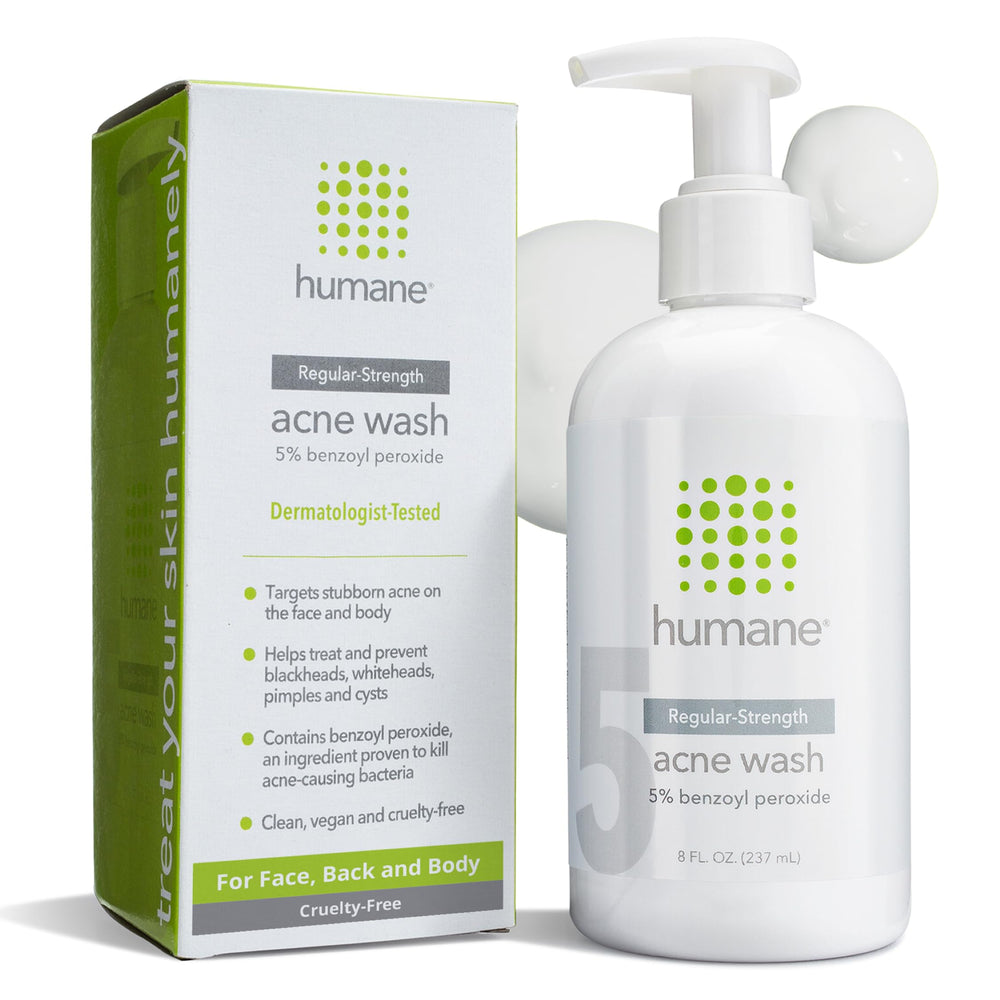 Humane benzoyl peroxide face wash 8oz bottle front view for acne-prone skin