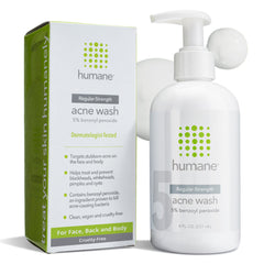 Humane benzoyl peroxide face wash 8oz bottle front view for acne-prone skin