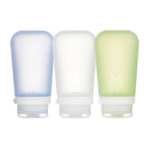 humangear GoToob+ 3-pack assembled for travel keeps liquids organized and ready for quick packing.