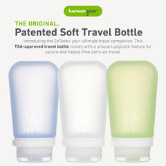 humangear GoToob+ contoured tube highlights easy filling and upright standing for tidy shelves.