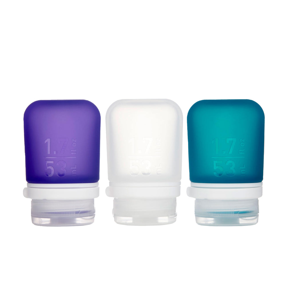 humangear GoToob+ 3-pack set with compact silicone bottles for organized travel.