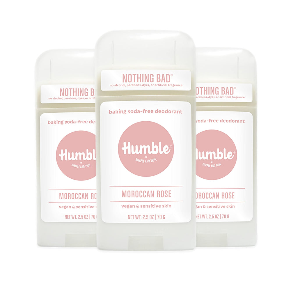 Humble Brands Moroccan Rose deodorant three-pack front view for daily freshness.