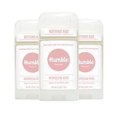 Humble Brands Moroccan Rose deodorant three-pack front view for daily freshness.