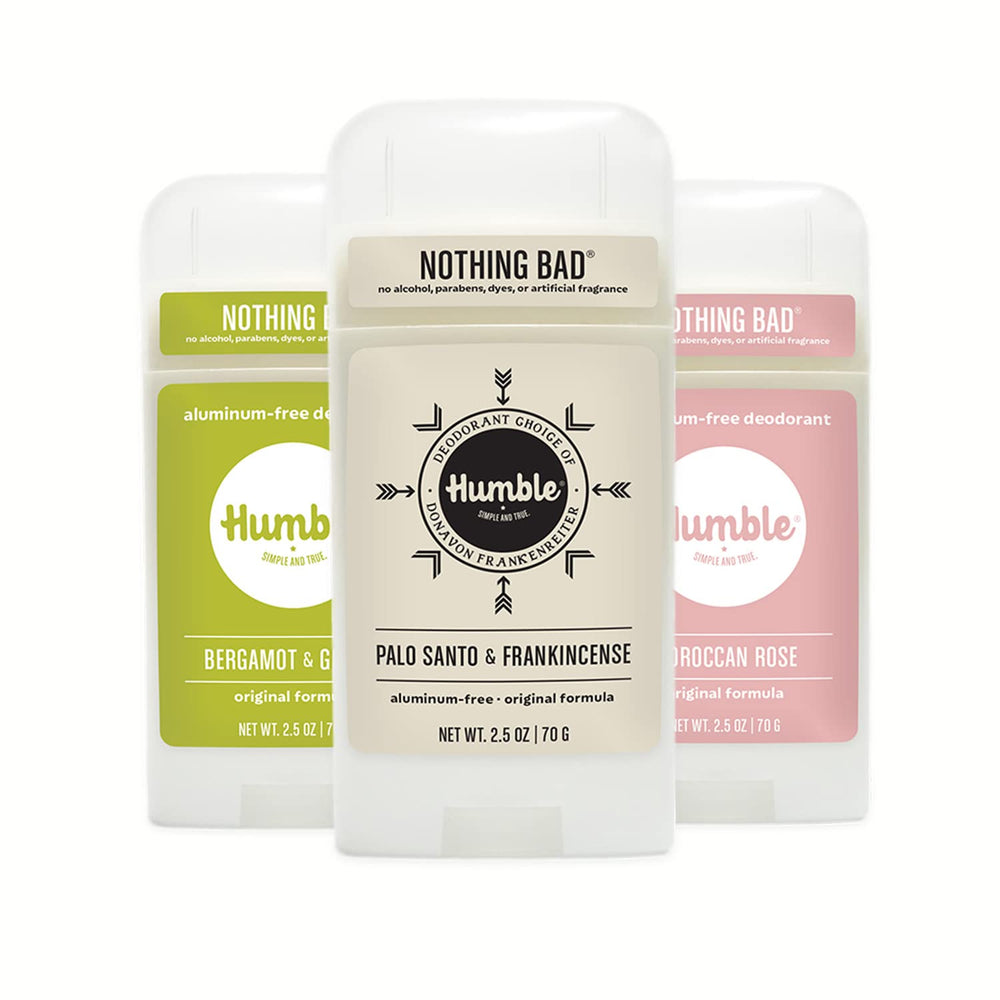 Humble Brands Original Formula deodorant packaging in a 3-pack, highlighting aluminum-free formula for everyday odor control.