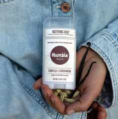 Humble Brands vegan deodorant ingredients display non-GMO corn starch and magnesium hydroxide.