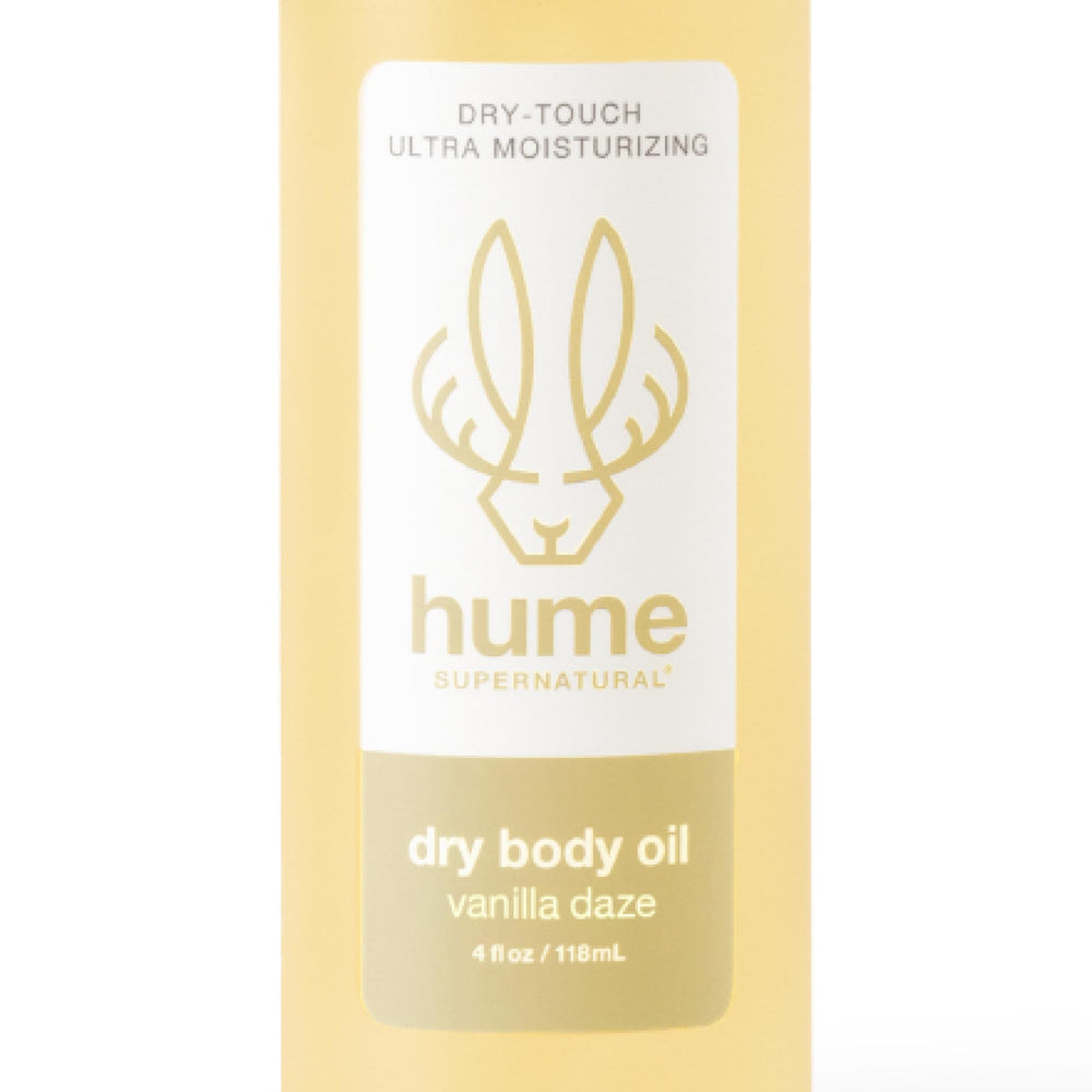 HUME SUPERNATURAL dry body oil spray bottle closeup, lightweight mist delivers fast hydration