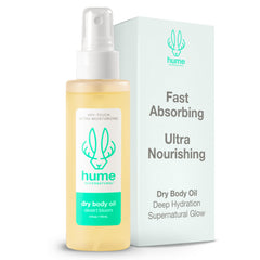 Hume Supernatural dry body oil spray bottle providing fast-absorbing moisture for all skin types.