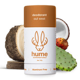 HUME SUPERNATURAL out west deodorant stick application shows smooth, aluminum-free use for daily freshness.
