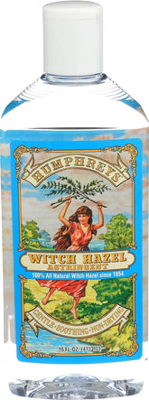 Humphreys Witch Hazel bottle closeup, natural toner suitable for daily skin care.
