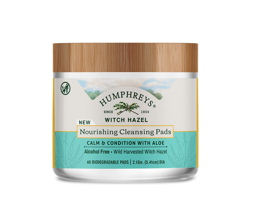 Humphreys Witch Hazel Nourishing Cleansing Pads packaging showcases eco-friendly, travel-ready design for easy cleansing.