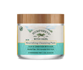 Humphreys Witch Hazel Nourishing Cleansing Pads packaging showcases eco-friendly, travel-ready design for easy cleansing.