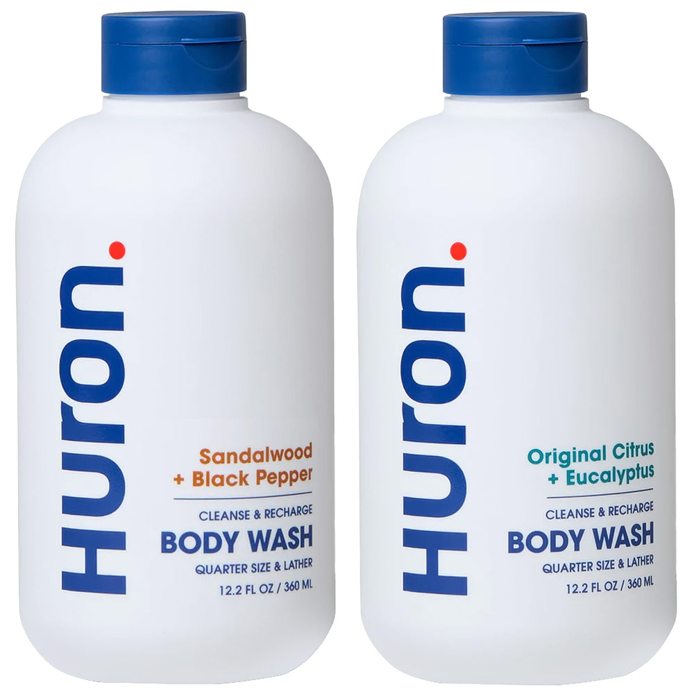 Huron Citrus Eucalyptus body wash bottle highlights refreshing scent and hydration