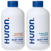 Huron Citrus Eucalyptus body wash bottle highlights refreshing scent and hydration