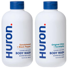 Huron Citrus Eucalyptus body wash bottle highlights refreshing scent and hydration