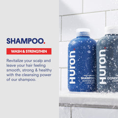 Huron Hair Duo in-shower scene illustrates a simple daily hair care routine.