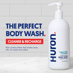 Huron body wash label close-up highlighting Vitamin E and nourishing oils