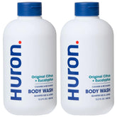 Huron men's body wash bottle front with citrus-eucalyptus scent for daily energizing cleanse.