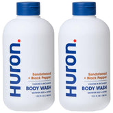 Huron Men's Body Wash bottle with woody sandalwood scent for all-day freshness