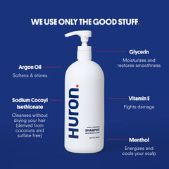 Huron Men's Fresh Scent Daily Shampoo lather photo suggests hydration and scalp care.