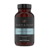 Hush & Hush DeeplyRooted bottle closeup showing premium hair growth support.