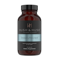 Hush & Hush DeeplyRooted bottle closeup showing premium hair growth support.
