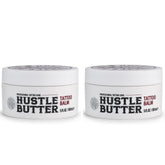 Hustle Butter Deluxe tattoo balm jar close-up highlights vegan formula for aftercare.