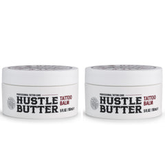 Hustle Butter Deluxe tattoo balm jar close-up highlights vegan formula for aftercare.