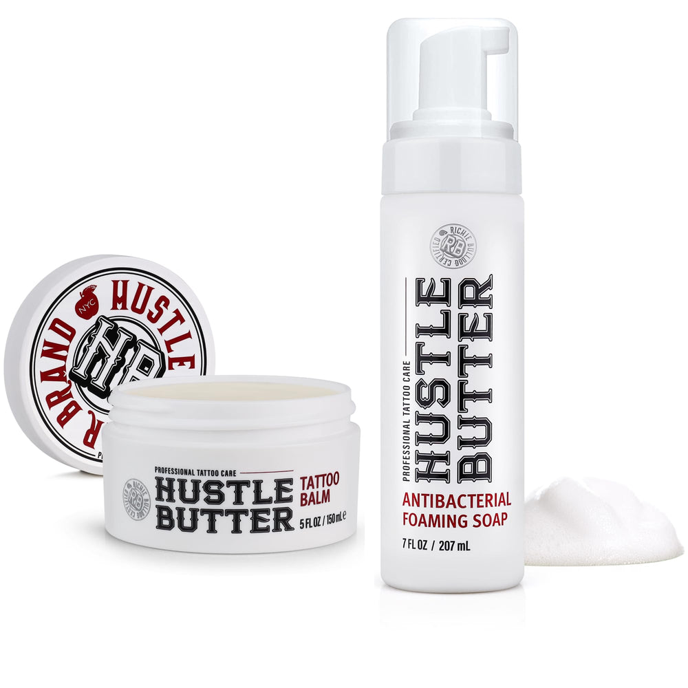 Hustle Butter Deluxe tattoo wash bottle showing antibacterial formula for in-session care