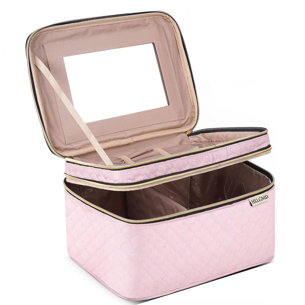 HXLGMD large makeup bag with mirror closed for portable organization on trips.