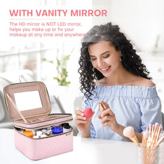 HXLGMD large makeup bag with mirror open showing roomy interior for quick access.