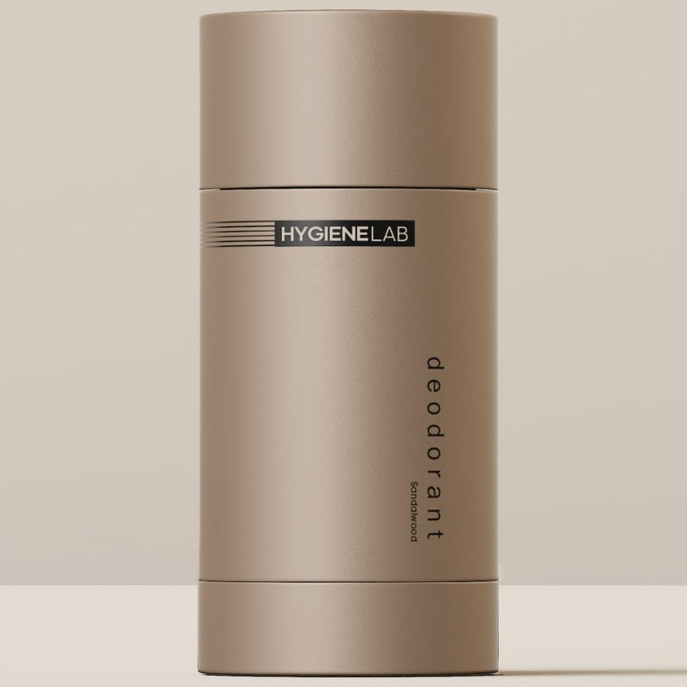 HygieneLab Men’s Deodorant bottle with sandalwood scent and aluminum-free protection for all-day freshness.