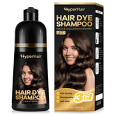 HyperHair dark brown hair dye shampoo application demonstrates easy 3-in-1 use for color and care.