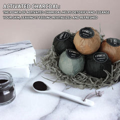 HZEX Charcoal Bath Bombs activated charcoal close-up emphasizing cleansing effect and pores