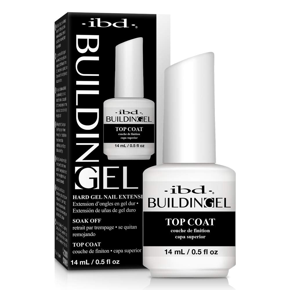 IBD Builder Gel Top Coat bottle provides a glossy, durable nail finish.