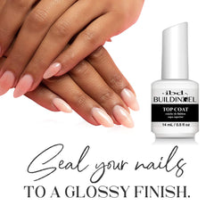 IBD Builder Gel Top Coat brush-application demonstrates smooth, even layer for salon-quality nails.