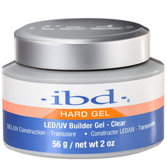 IBD hard gel clear bottle closeup for durable overlays and extensions.