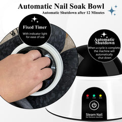 I·B·N G electric soaking bowl with hand-in demonstrates at-home gel removal.