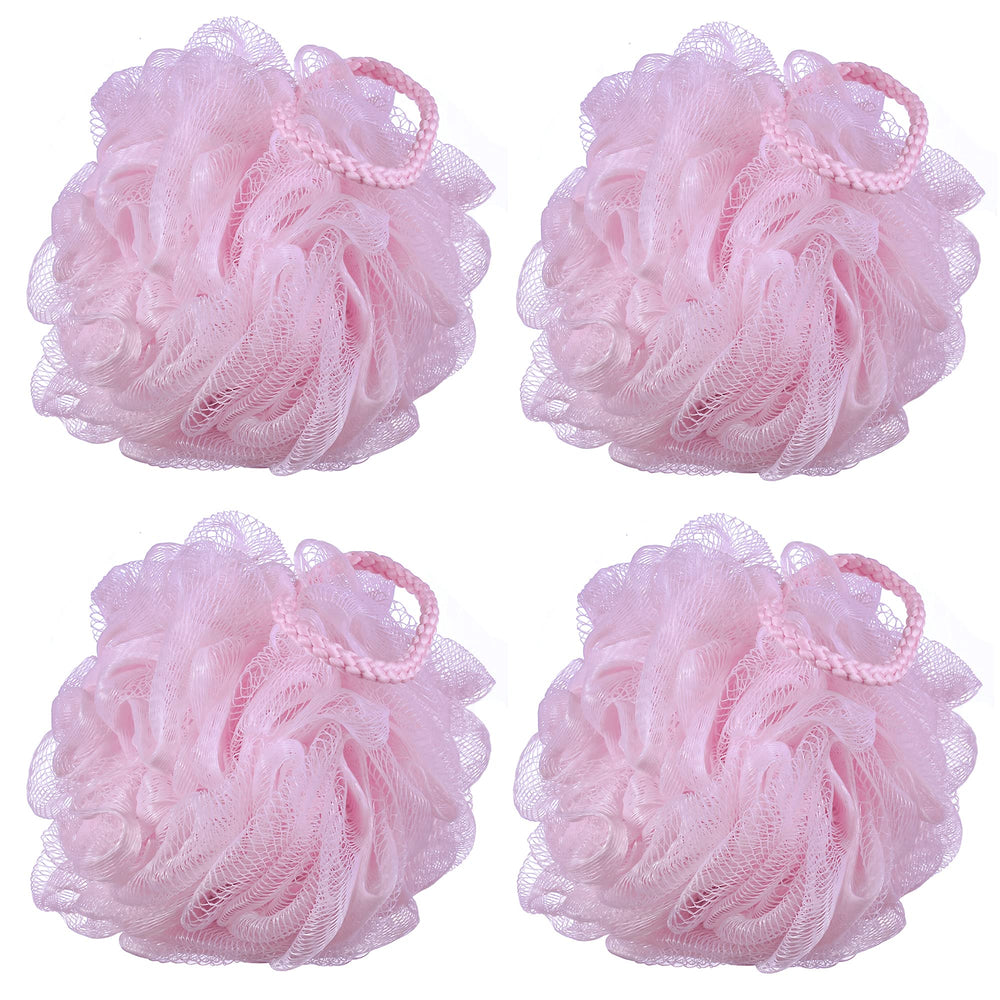iboodi pink mesh bath sponge pack 4 assembled for shower use and rich lather