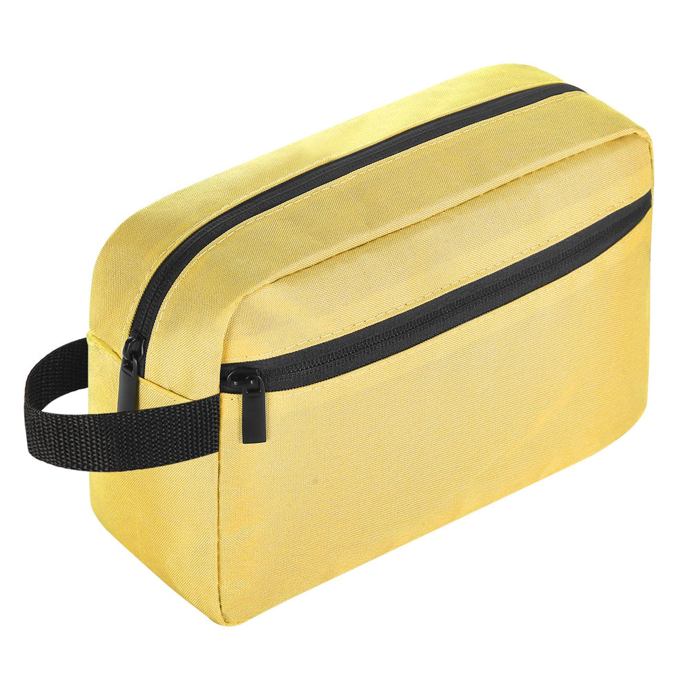Icramsy travel toiletry bag yellow front view showing roomy main compartment for organized packing.