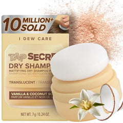 I DEW CARE Tap Secret dry shampoo bottle showing oil-absorbing formula for refreshed roots.