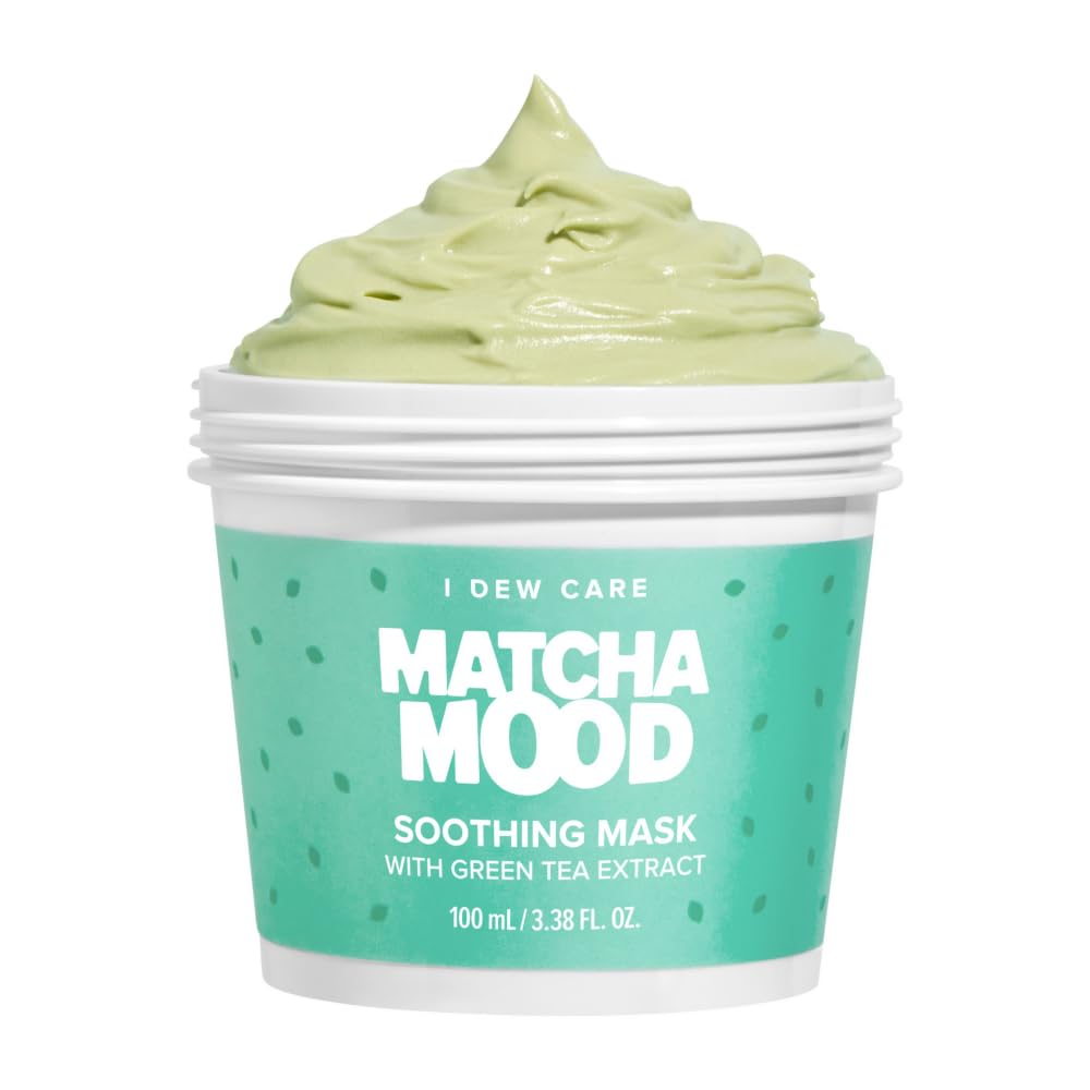 I DEW CARE Matcha Mood tub front shows vibrant packaging for soothing skincare.