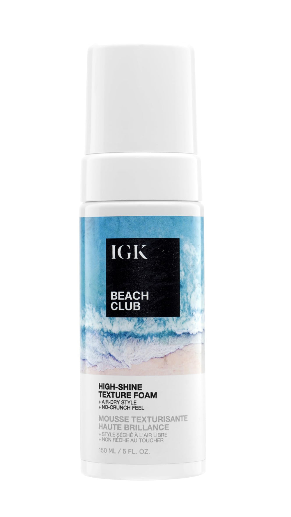IGK Beach Club High-Shine Texture Foam bottle front showcases premium styling possibilities with glow.