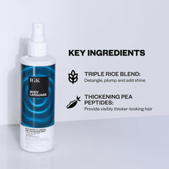 IGK Body Language Rice Water Mist applied on damp hair shows even distribution for lift.