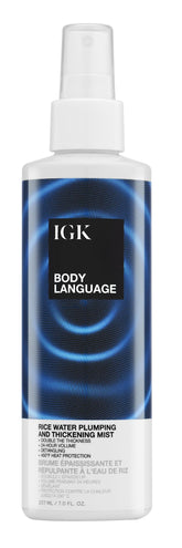IGK Body Language Rice Water Mist bottle shows detangling and heat protection benefits.