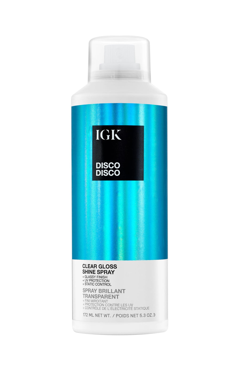 IGK Disco Disco clear gloss spray bottle delivers glassy shine and weightless finish.