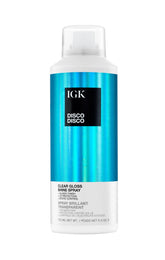 IGK Disco Disco clear gloss spray bottle delivers glassy shine and weightless finish.
