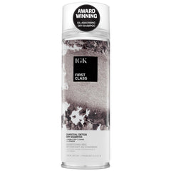 IGK FIRST CLASS Charcoal Detox Dry Shampoo bottle demonstrates powerful oil absorption for fresh roots.