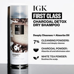 IGK FIRST CLASS Charcoal Detox Dry Shampoo spray-action shows quick, even application.