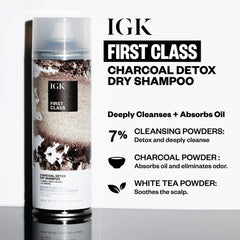 IGK shampoo bottle being poured shows charcoal action delivering scalp refresh and buildup removal.