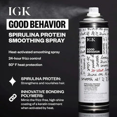IGK Good Behavior spray dispense close-up emphasizes frizz control